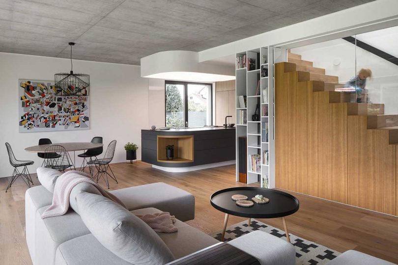 angled view modern living room into kitchen