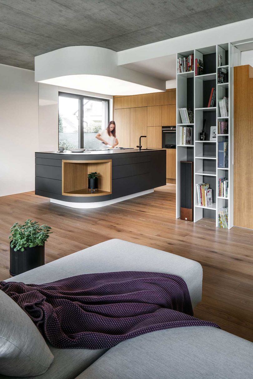 angled view modern living room into kitchen