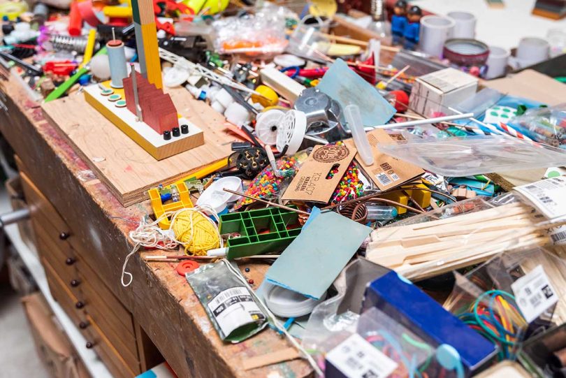 work table with art supplies