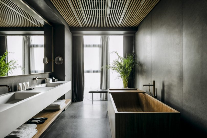 Hinoki soaking tub and bathroom