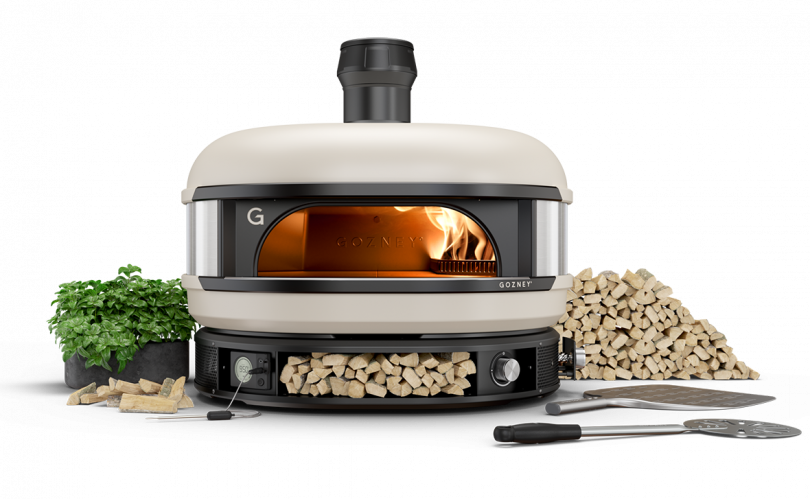 white pizza oven with wood and flame on white backgrouond