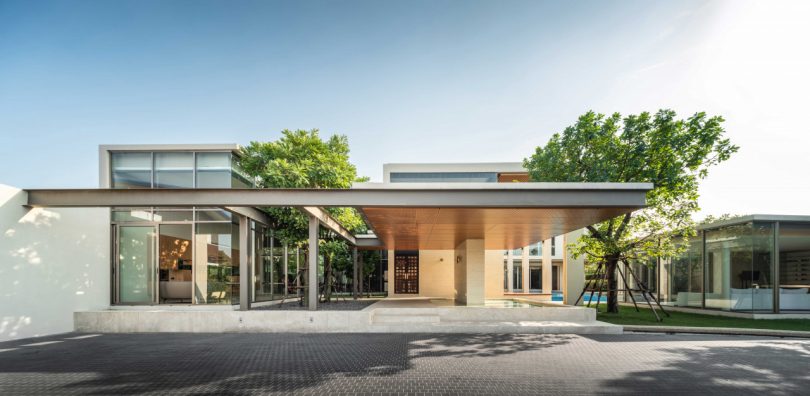 view of exterior of modern Bangkok house with cantilevered roof