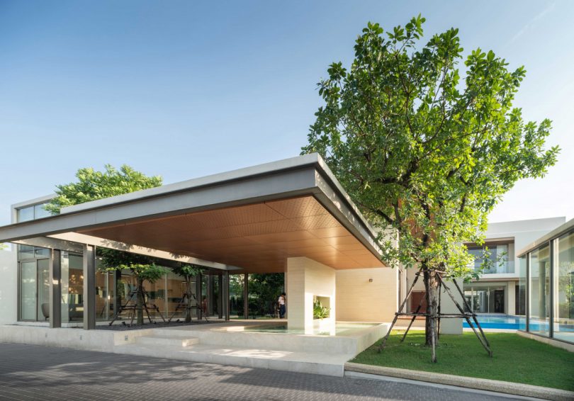 view of exterior of modern Bangkok house with cantilevered roof