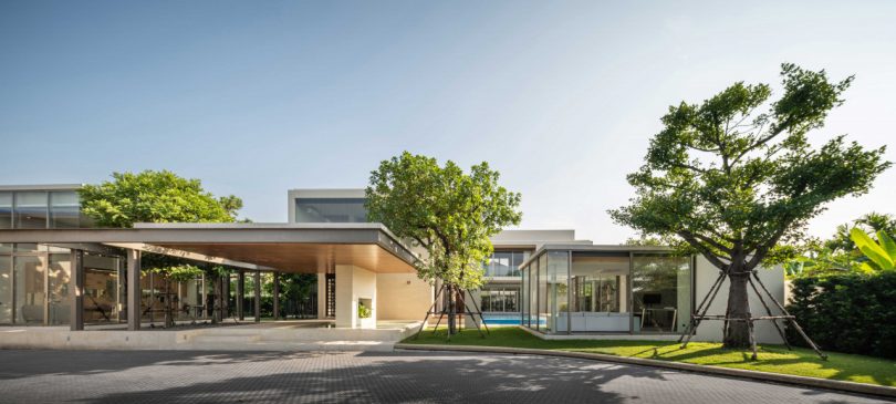 view of exterior of modern Bangkok house with cantilevered roof