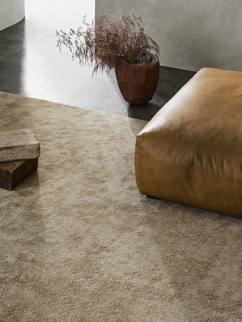 detail of neutral tone floor rug and corner of leather upholstered furniture