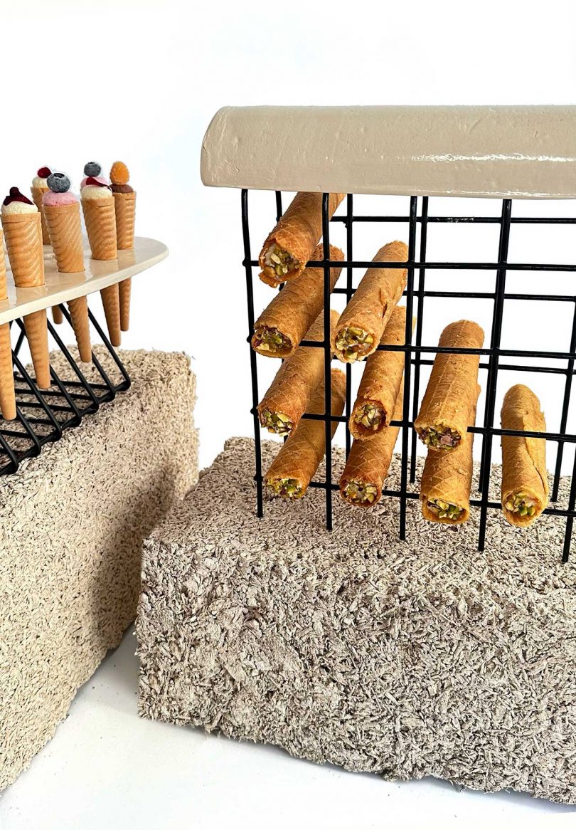 sculptural food displays with food on it