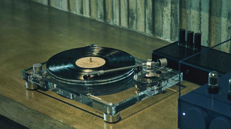 angled down view of clear modern turntable