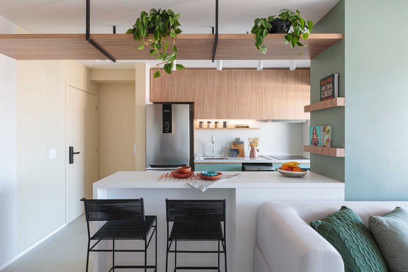 interior view of small modern apartment with view into kitchen