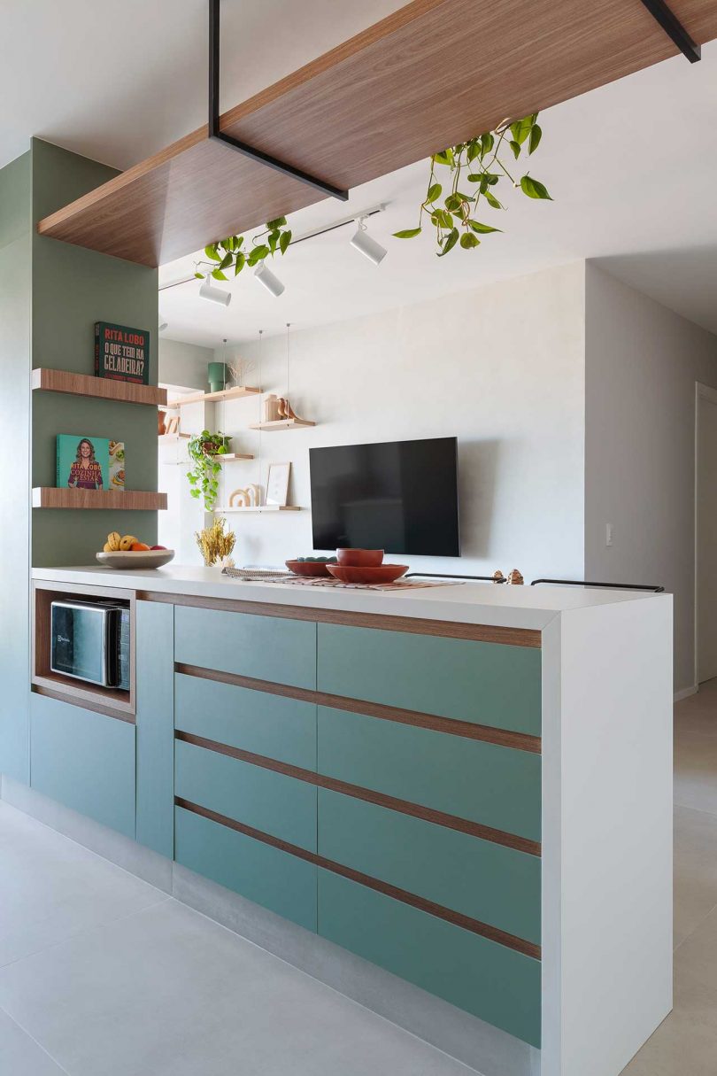 angled view of kitchen in modern apartment