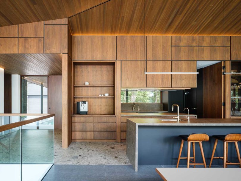 interior view of modern kitchen with wooden cabinets