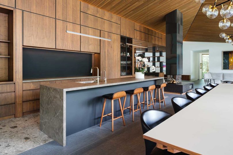 interior view of modern kitchen with wooden cabinets