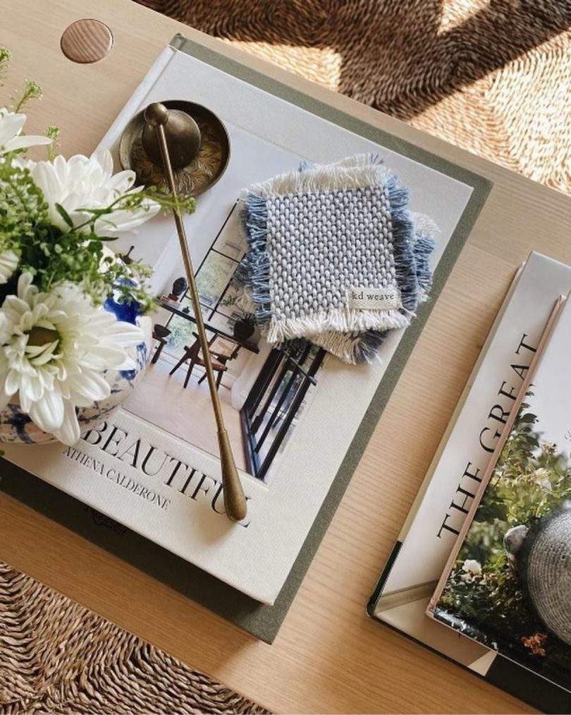 white and blue woven coasters on coffee table