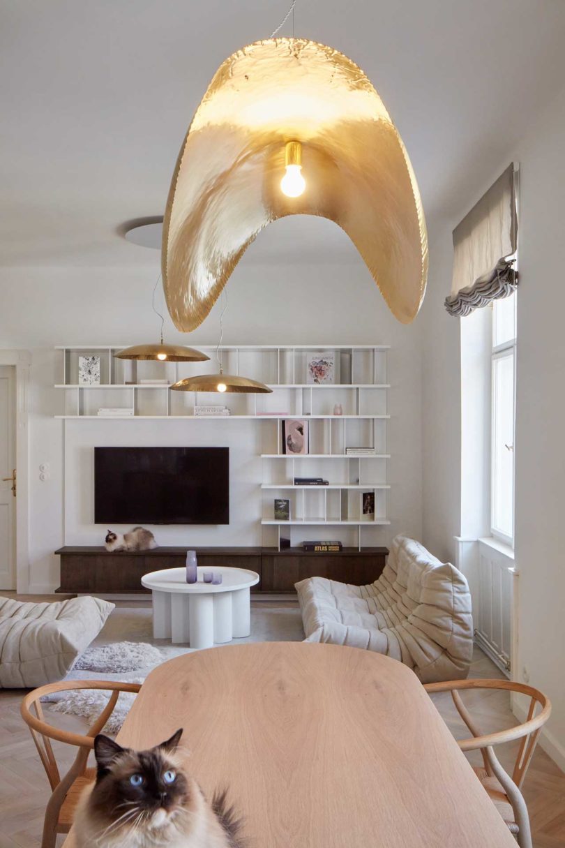 long interior view looking from dining rom to modern living rom with wall mount shelves