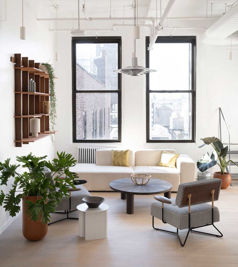 wood shelving in office corner