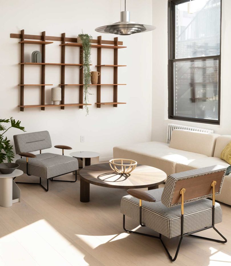 wood shelving in office corner