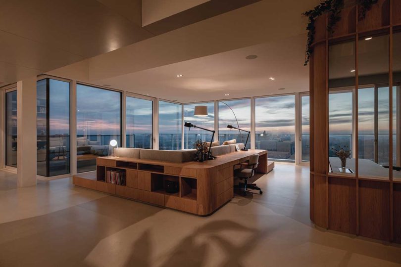 evening view in modern penthouse looking out to view