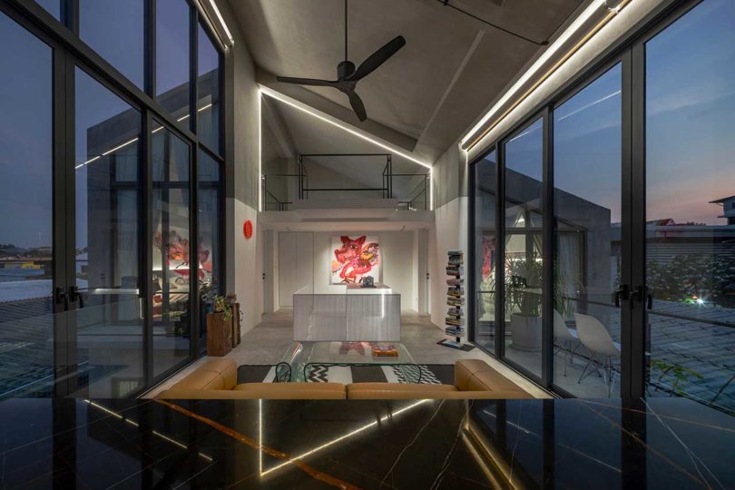 interior shot of modern home in evening