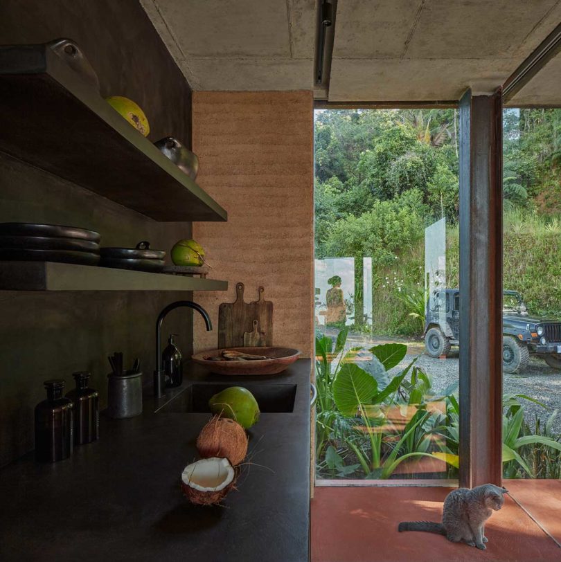 modern interior with rammed earth walls and dark kitchen shelves