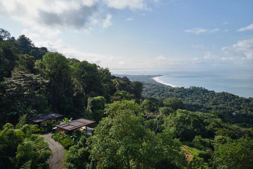 Lush greenery covered cliff over water with two villas built at the top