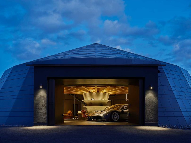 evening view of modern domed home