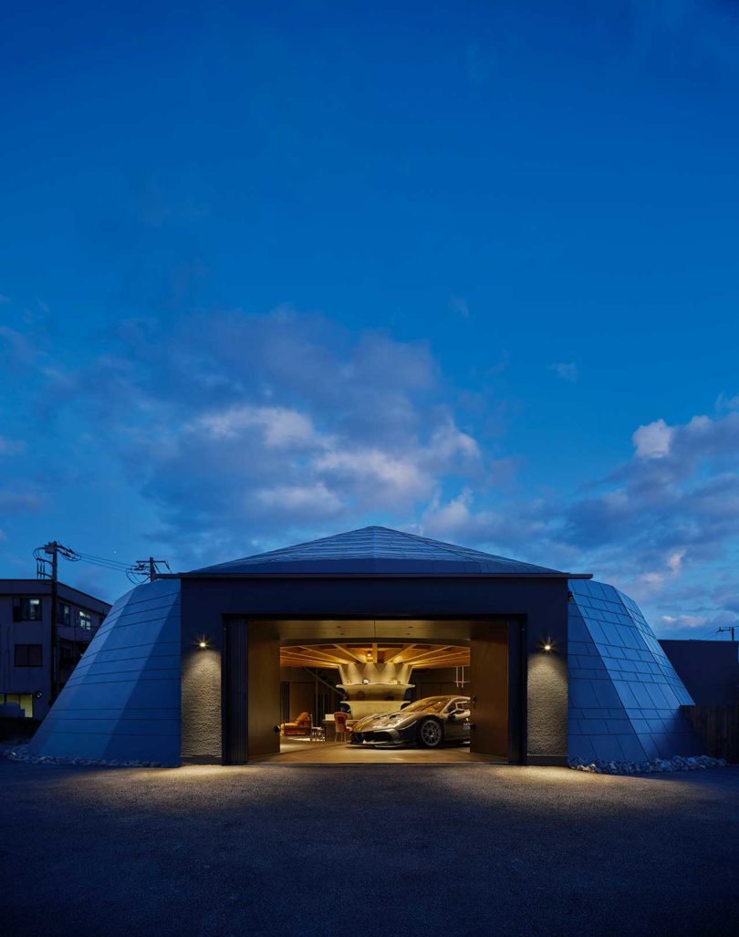 evening view of modern domed home