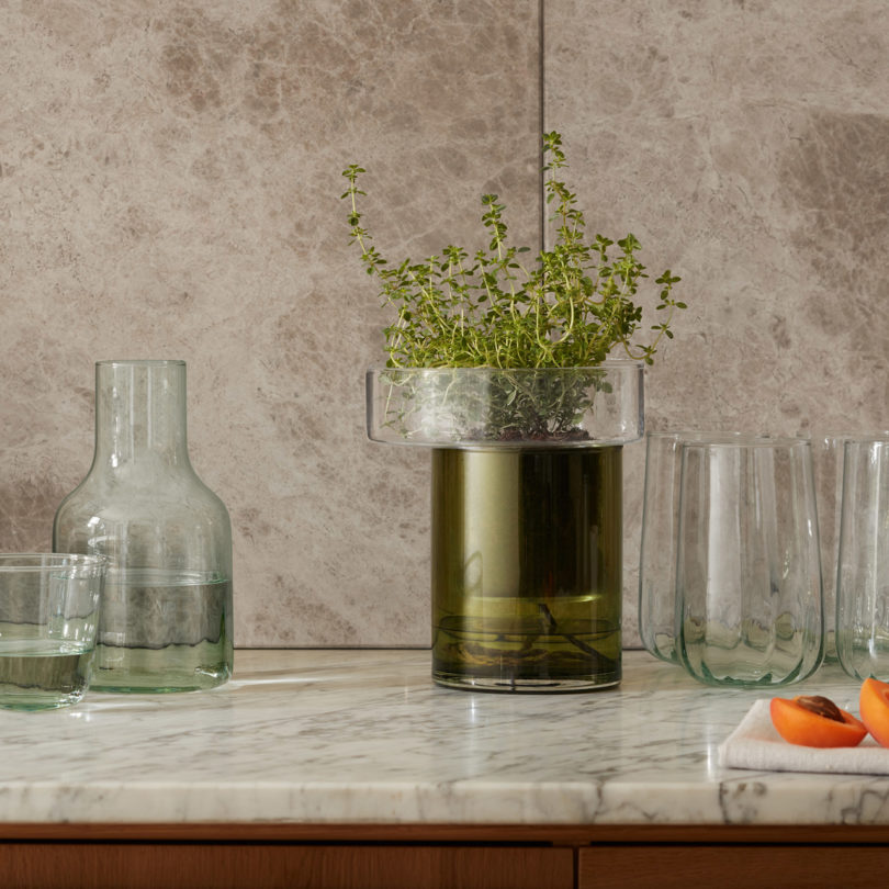 self-watering glass planter on a kitchen counter