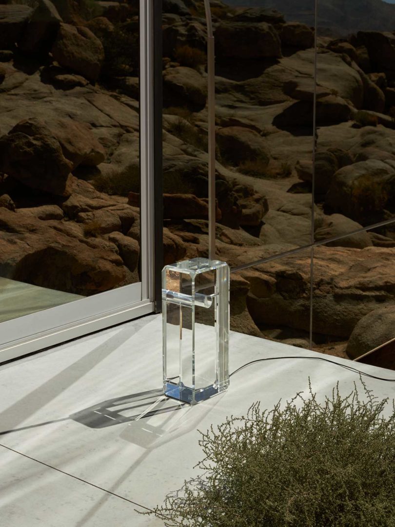 corner interior view of modern house with block glass lamp