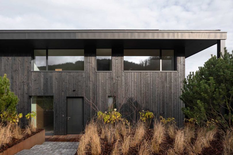 exterior view of modern black lake house