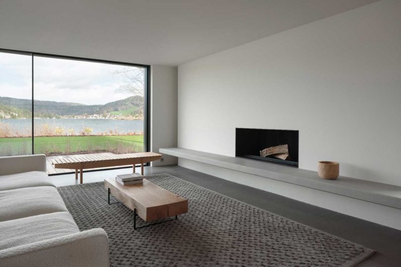 angled interior view of modern minimalist living room