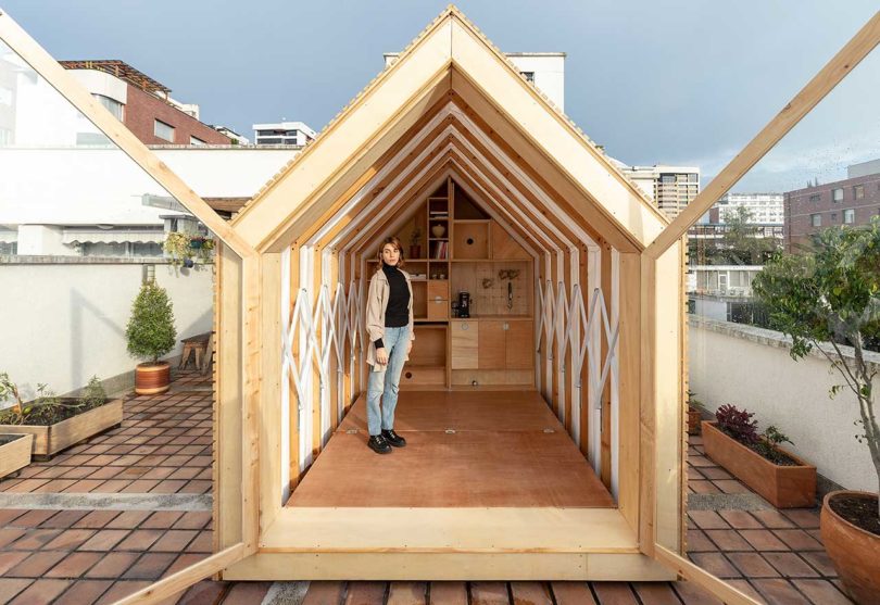 exterior view looking into expandable living shelter 