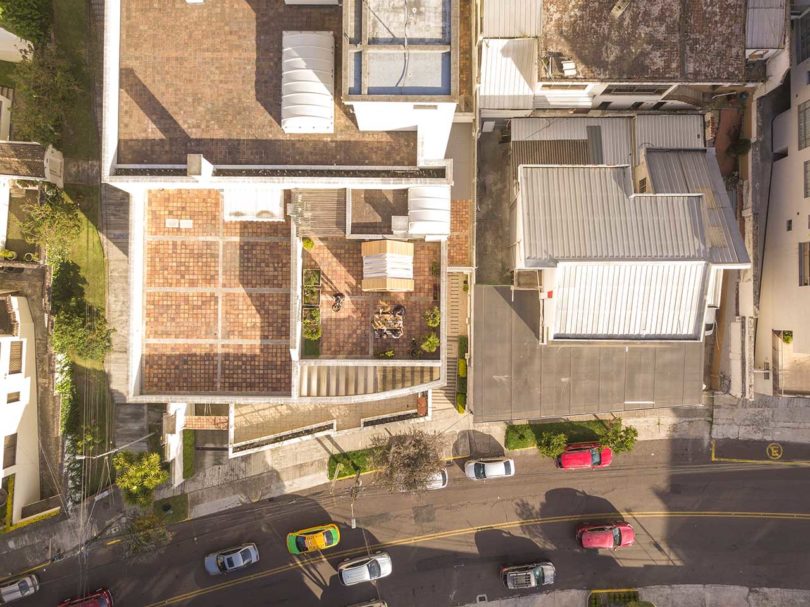 aerial view looking down at expandable shelter on roof