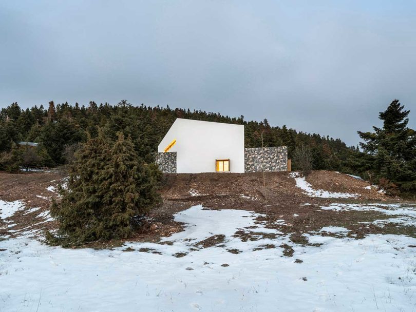 view of modern stone and white mountain house