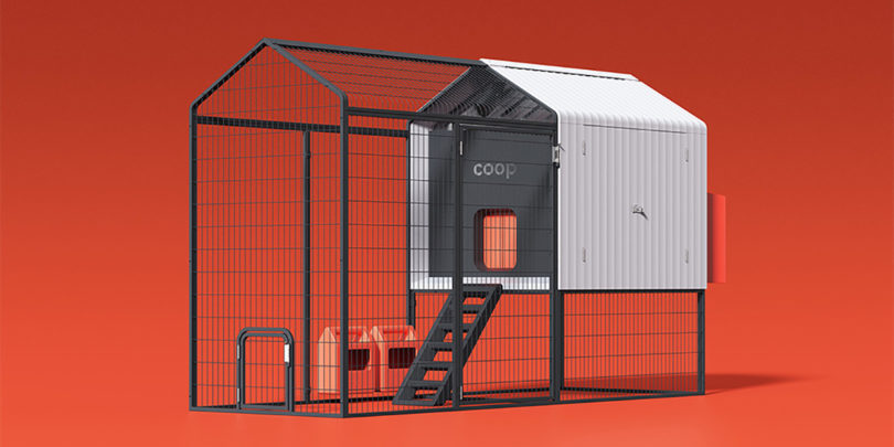 Render of COOP chicken coop simulated with chicken to show scale and metal mesh enclosure.