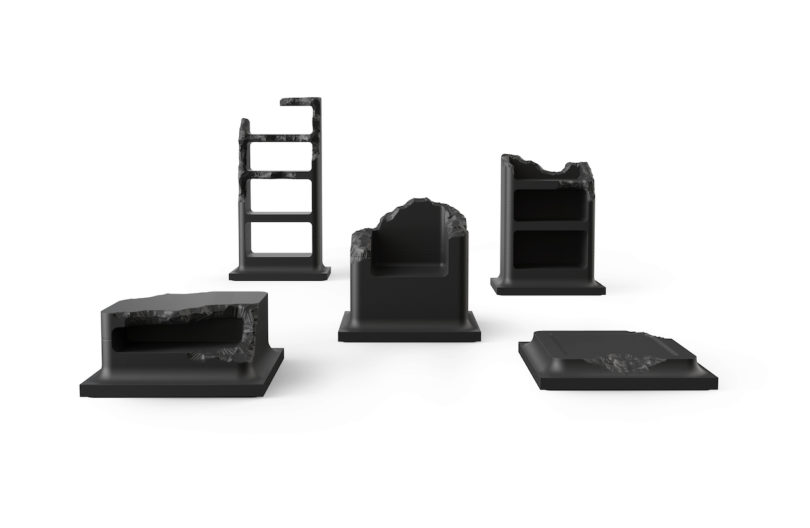 a collection of black furniture made from foam