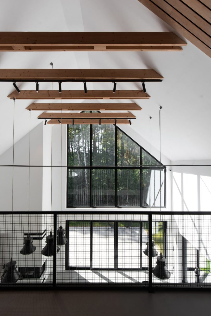 interior view of modern loft space looking down to double height living room