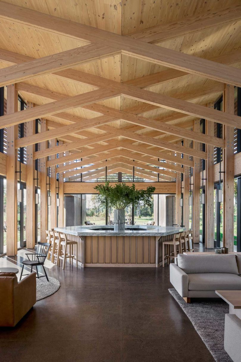 interior view of modern brewery with wooden truss ceiling