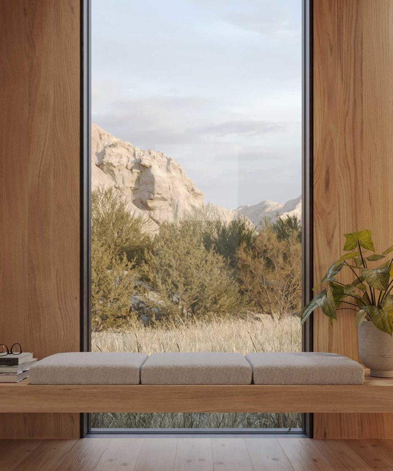 interior rendering of built-in wood bench in front of large window with mountains in distance