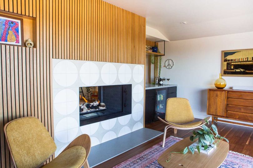 angled interior view of modern living room with midcentury vibe