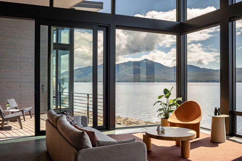 interior view of modern living room overlooking the water