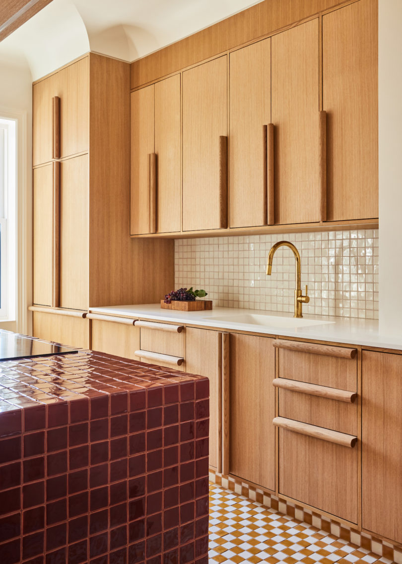 Two-inch mosaic tiles adorning the kitchen surfaces