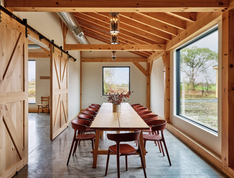 Long dining table used for hosting ceramics classes 