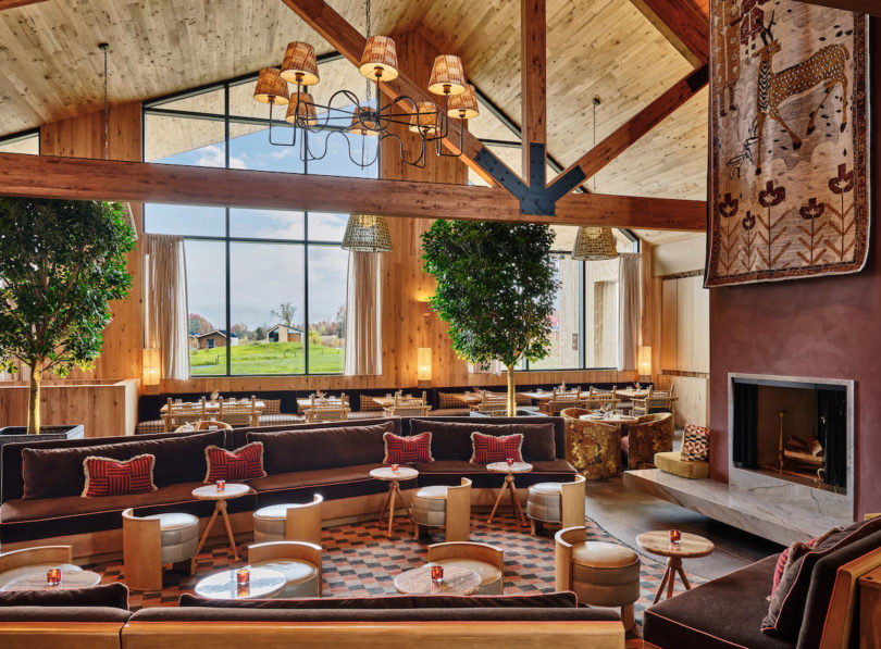 Restaurant interior with high ceilings