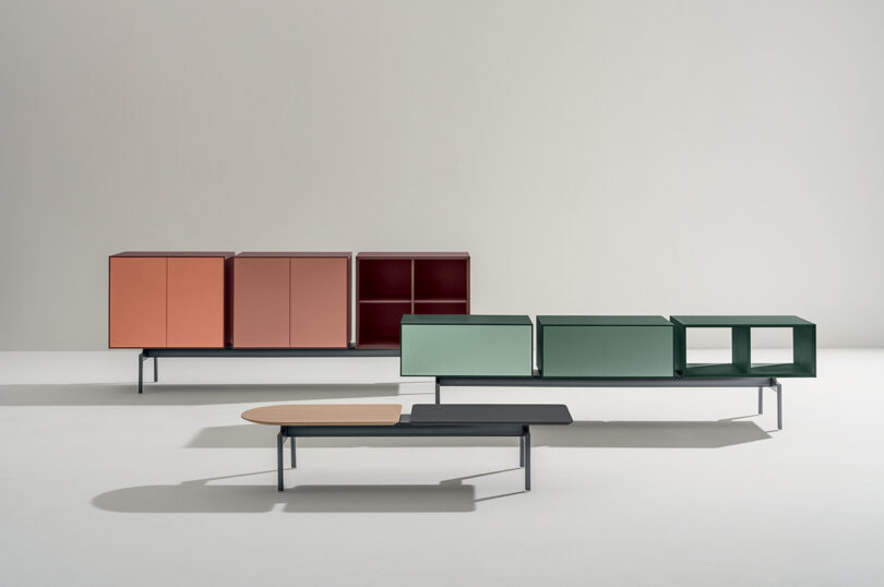 three colorful credenzas