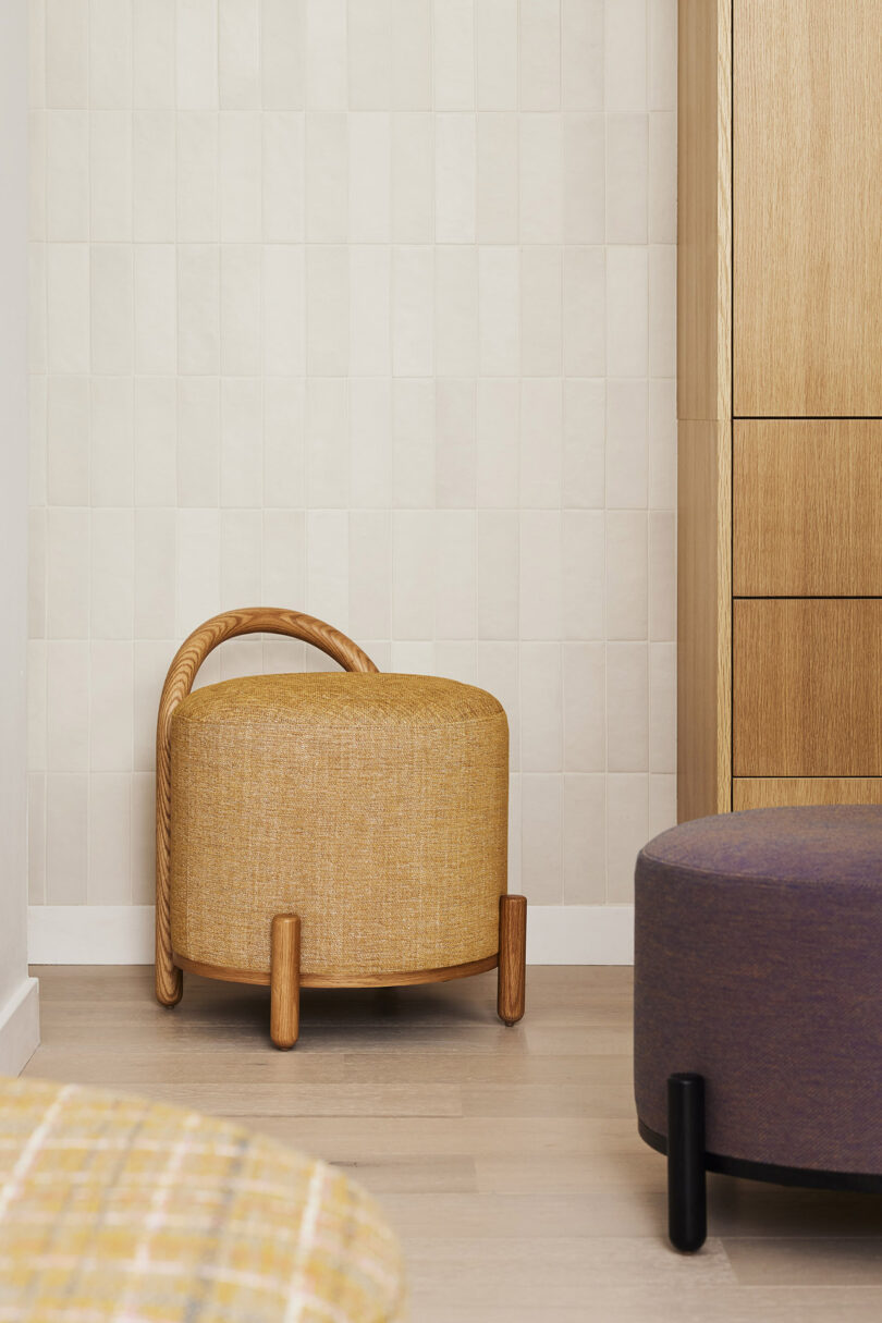 mustard colored pouf stool