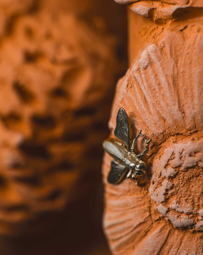 closeup view of terracotta floral chair sculpture with brass bug