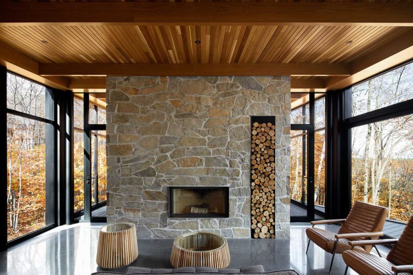 interior view of modern home with stone fireplace