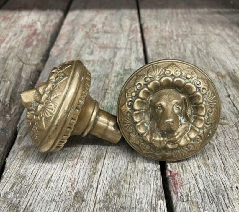 two antique doorknobs that feature dog heads