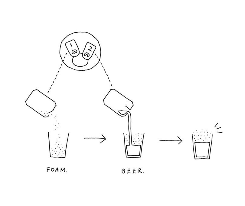 black and white sketch of cartoon pouring beer into glasses