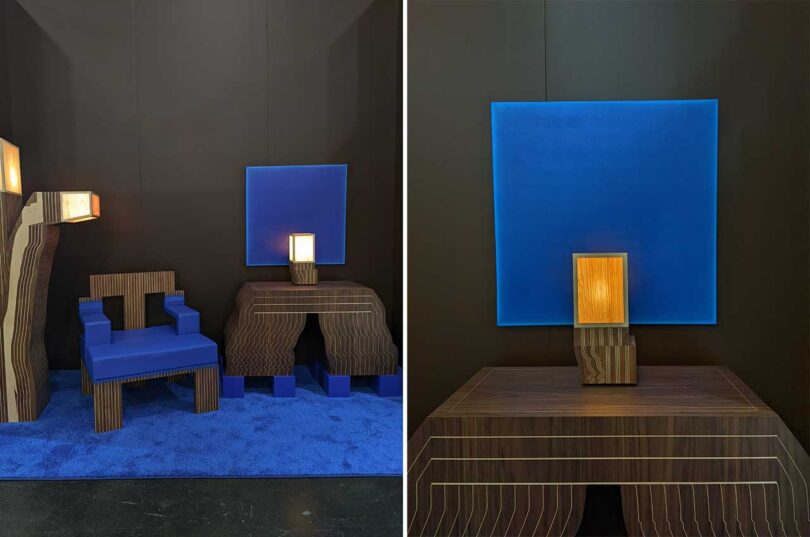 side by side images furniture and accessories in cobalt blue leather and wood