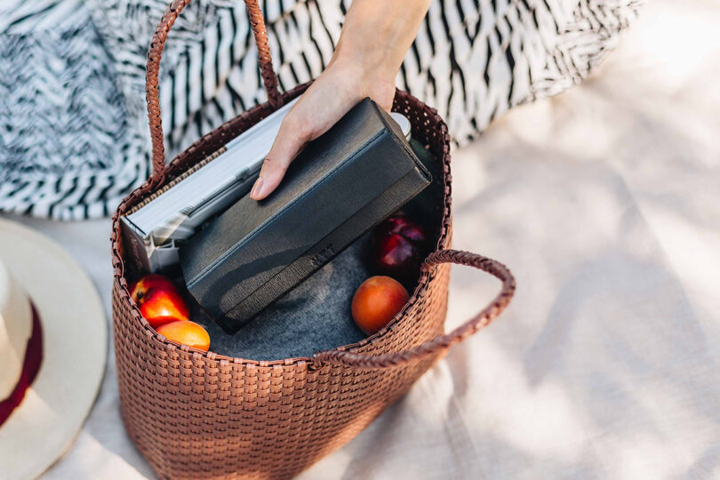 light-skinned hand removing a black case from a brown bag